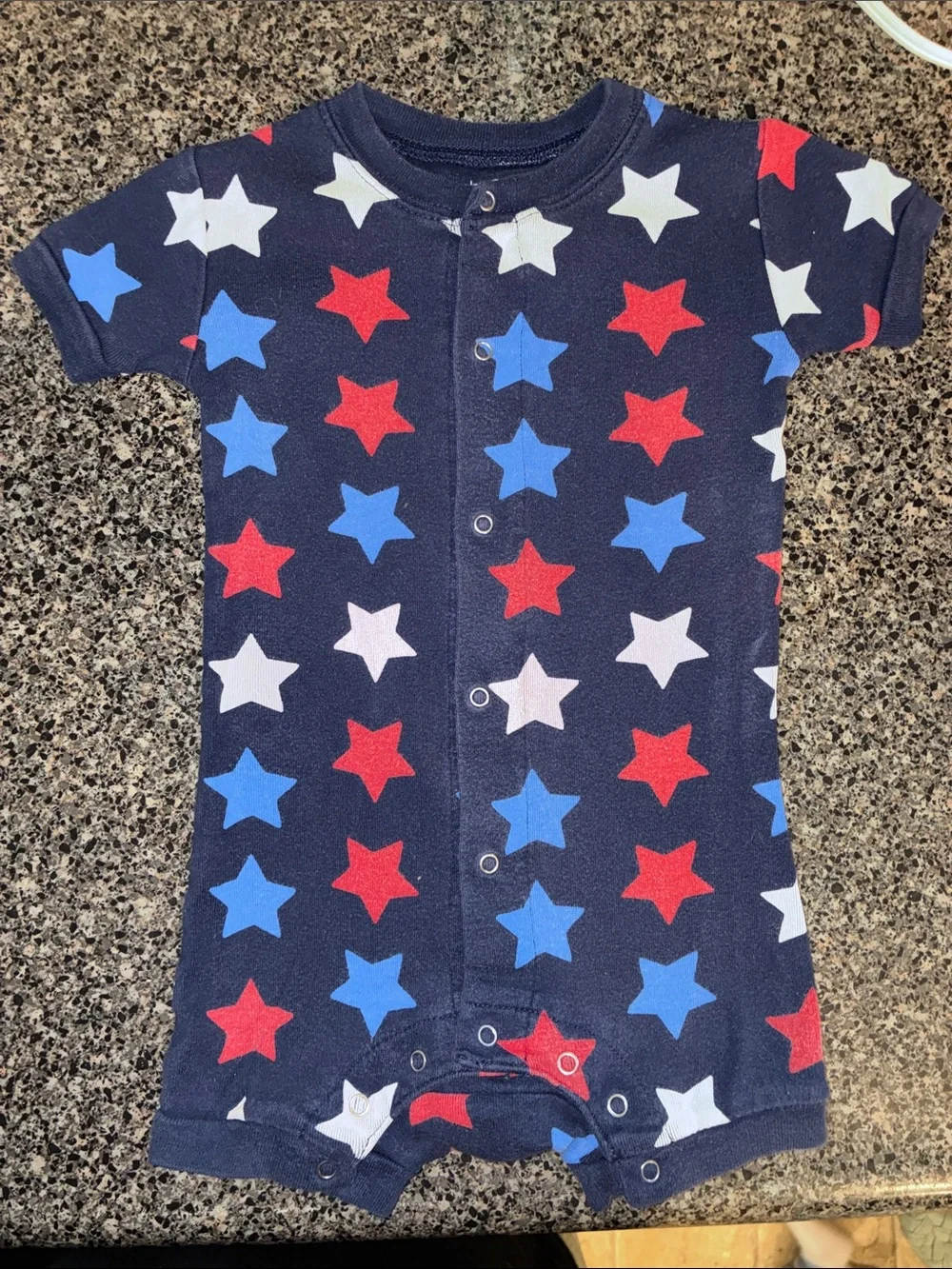 Navy Star Snap-Front Baby Romper - Red, Blue, White Stars. Fourth of July